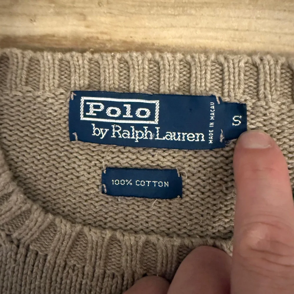 Vintage 90s Polo Ralph Lauren Cotton Knit Sweater Beige Tan Blue Pony Crewneck